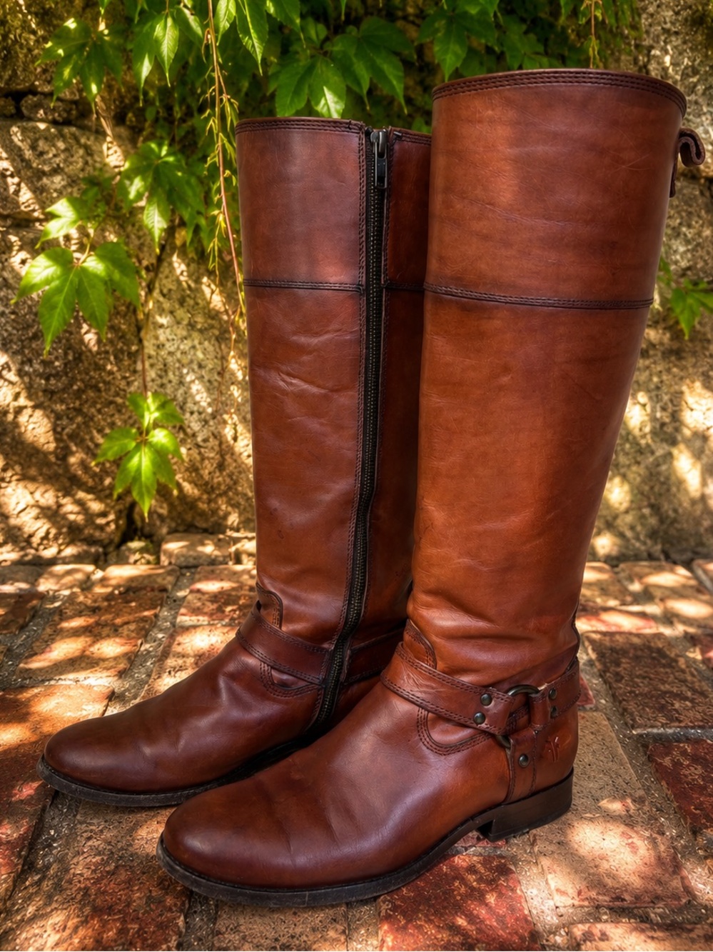 FRYE Classic Phillip Tall Harness Cognac Leather Extended Calf Tall Boots, 8.5B